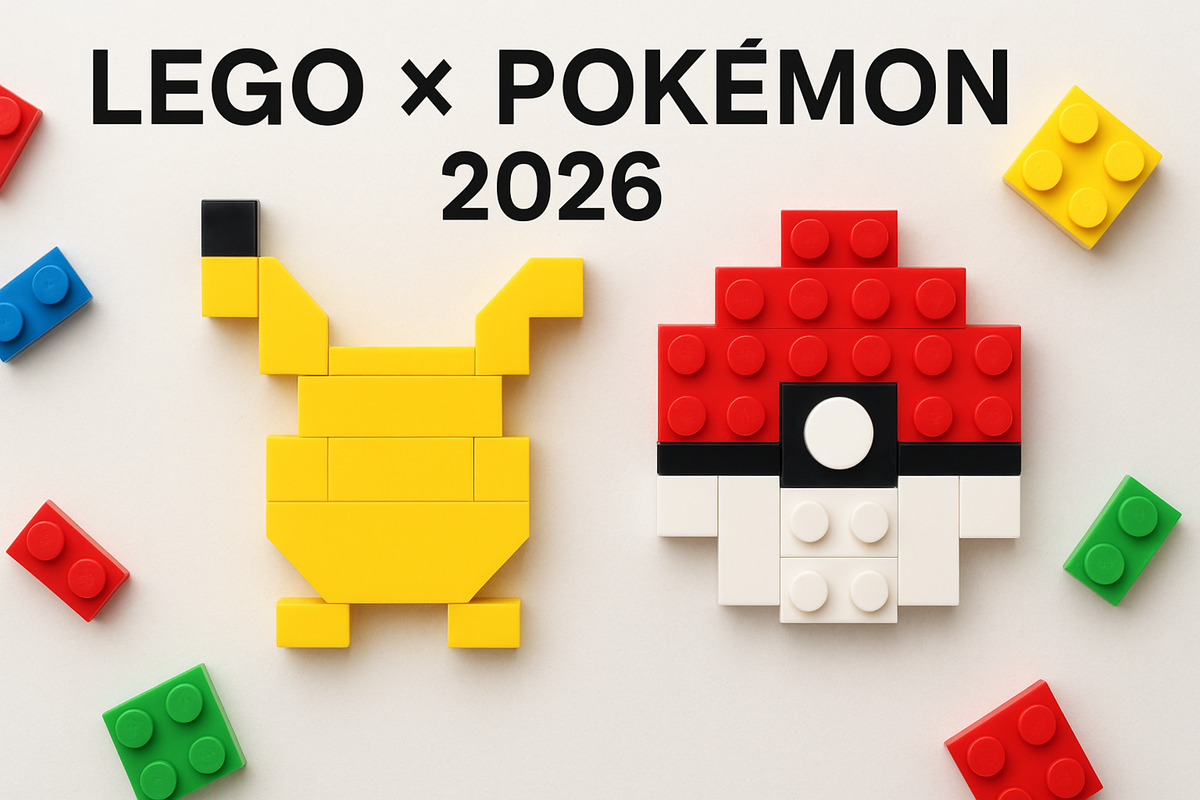 LEGO × Pokémon samenwerking 2026 – kleurrijke LEGO-stenen in de vorm van Pikachu en Pokéball