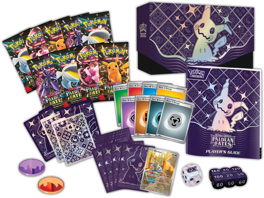 Inhoud van de Pokémon Paldean Fates Elite Trainer Box met boosters, shiny Mimikyu sleeves en accessoires